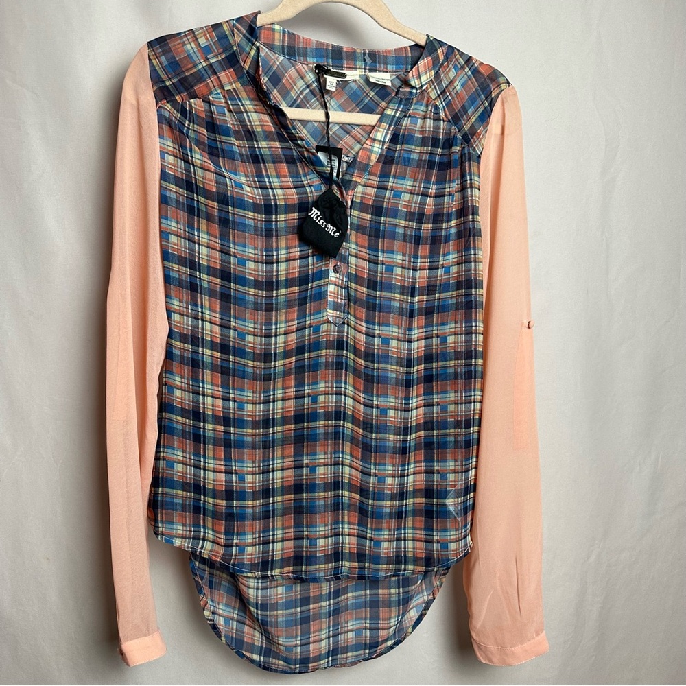 Miss Me Semi Sheer Plaid top. NWT